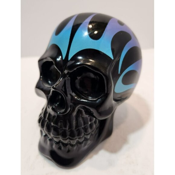Flaming Skull Plastic Piggy Bank Blue Purple Black w/ Stopper Halloween Decor - Picture 4 of 15
